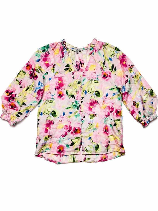 Hester & Orchard Tops - Linen Cotton Floral Blouse S Watercolor Cottagecore Romantic Boho Top